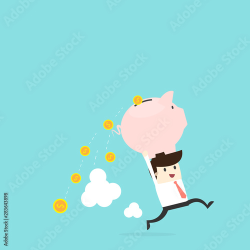 Business man happy with carrying a lot of money with piggy. Vector illustration.