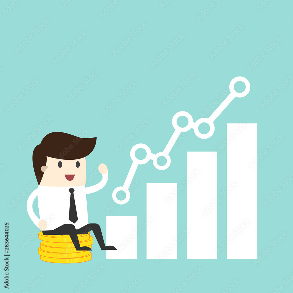 businessman sit on money coin with graph to success, business concept illustration businessman sit on money coin with graph to success, business concept illustration