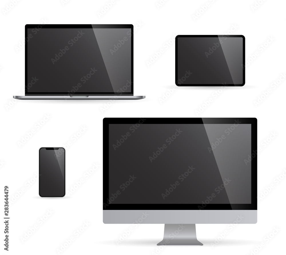 Realistic set monitors desktop laptop tablet and phone illustration vector illustrator Ai EPS Realistic set monitors desktop laptop tablet and phone illustration vector illustrator Ai EPS