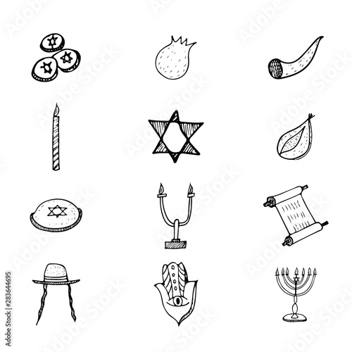 Purim set doodle hand, great design for any purposes. Isolated illustration on white background. Hanukkah doodle set. Fun holiday background. Hanukkah doughnut , jewish holiday symbol. Hand drawing.