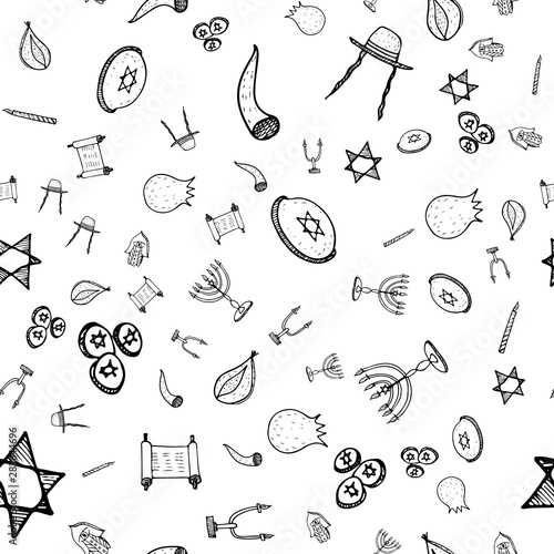 Purim seamless pattern set, great design for any purposes. Isolated seamless pattern on white background. Hanukkah doodle set. Fun holiday background. Hanukkah doughnut, Jewish holiday symbol