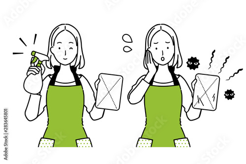 Illustration set of woman with cleaning tools.