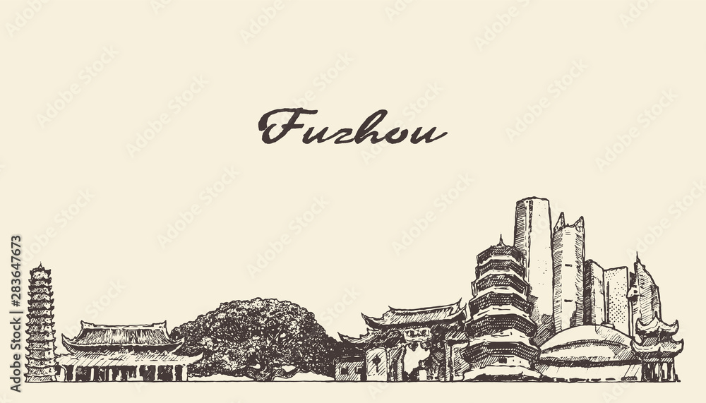 Fuzhou skyline Fujian province China vector sketch Fuzhou skyline Fujian province China vector sketch