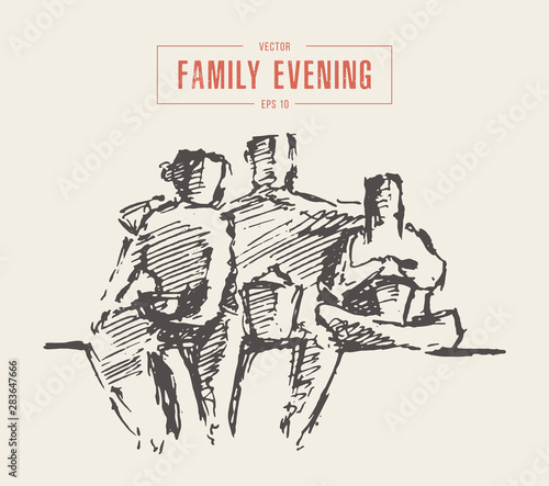 Mother father child time together vector sketch