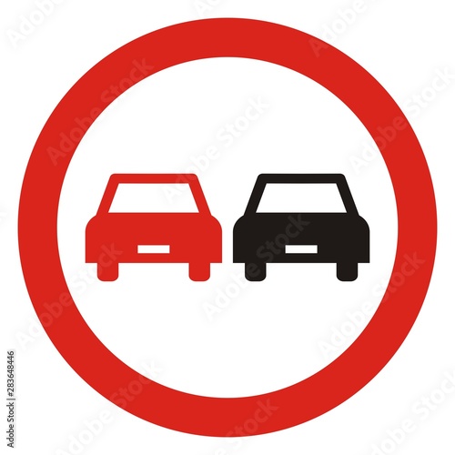 No overtaking, road traffic sign, vector icon. Circular prohibition sign.