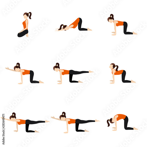 Hips and spine extension yoga poses set/ Illustration stylized woman practicing yoga postures with spine and hips stretching