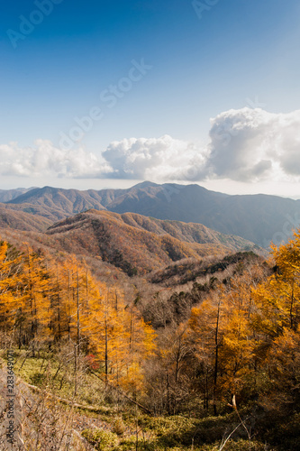 Hiking in the beautiful Mount Nantai and Lake Chuzenji in autumn season, Nikko, Japan ( Aerial photography )