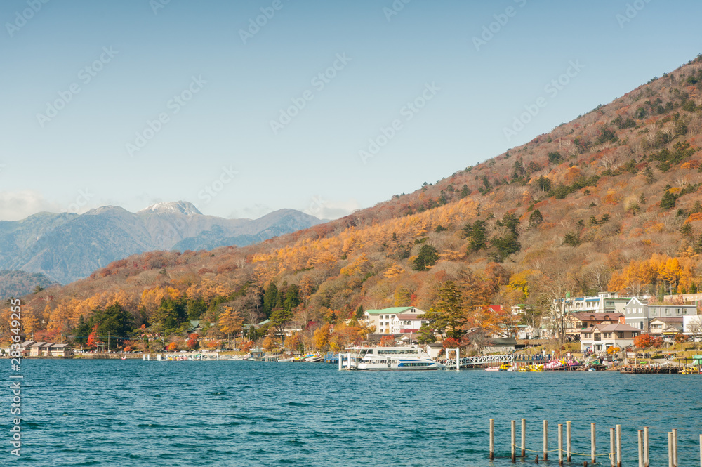 Aerial photography beautiful Mount Nantai and Lake Chuzenji in autumn season, Nikko, Japan