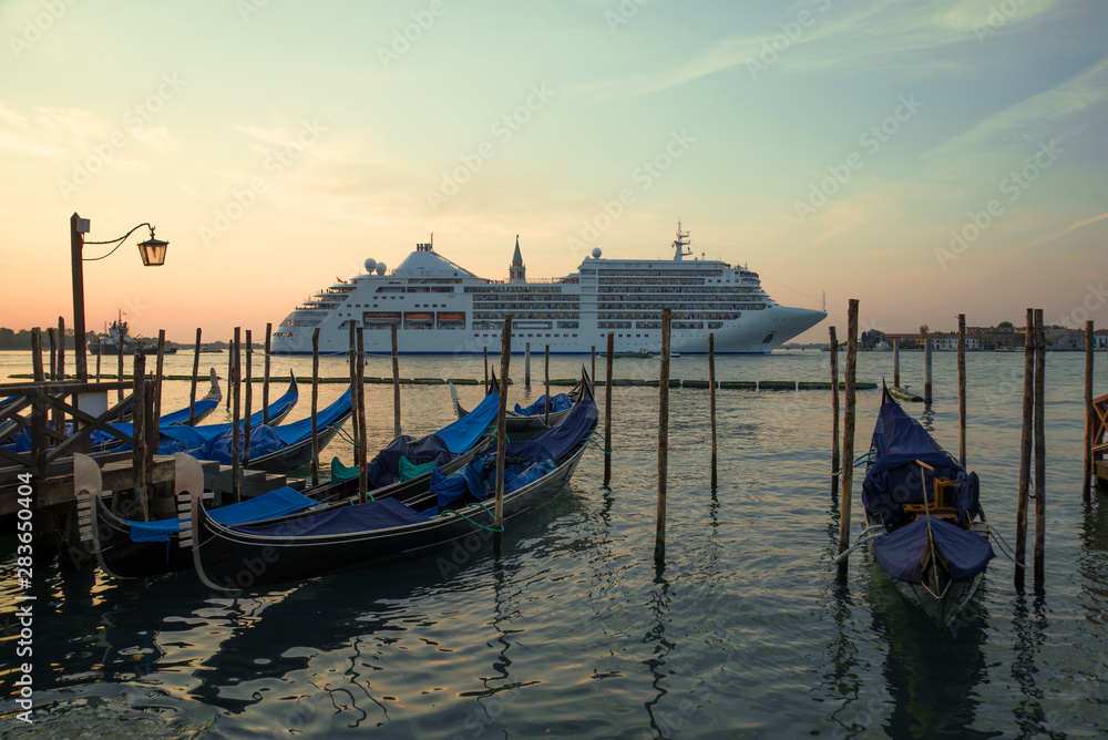 Cruise ship in the Venetian lagoon on an early September morning