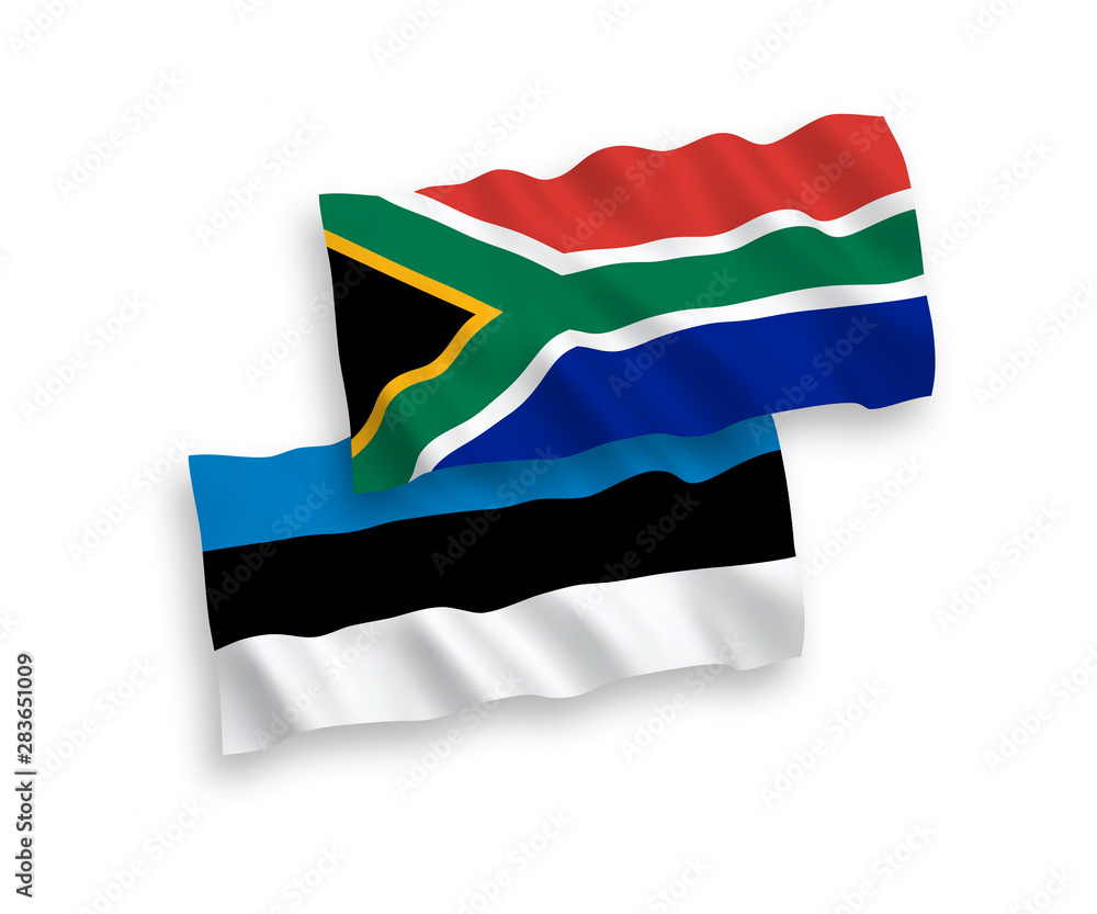 National vector fabric wave flags of Estonia and Republic of South Africa isolated on white background. 1 to 2 proportion. National vector fabric wave flags of Estonia and Republic of South Africa isolated on white background. 1 to 2 proportion.