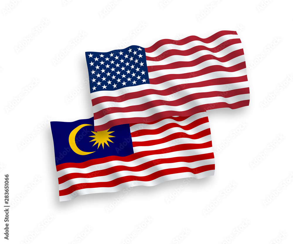Fototapeta premium National vector fabric wave flags of Malaysia and USA isolated on white background. 1 to 2 proportion.
