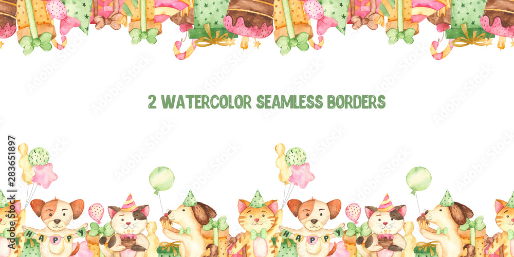 Watercolor seamless border with dogs, cats, balls
