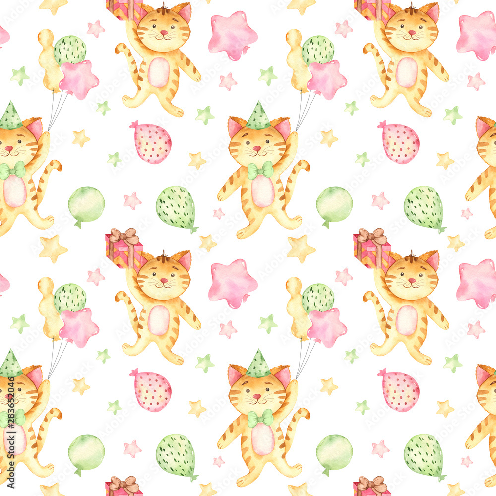 Watercolor seamless pattern with red cat and balls