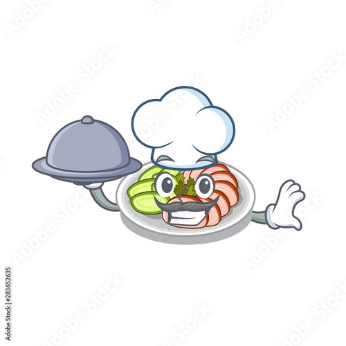 Chef with food peking dunking fried in mascot pan