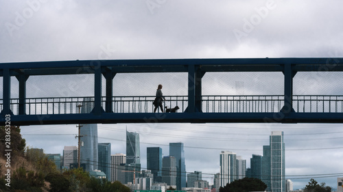 Valokuva Woman walking her dog on a pedestrian overpass on a cloudy day; San Francisco fi