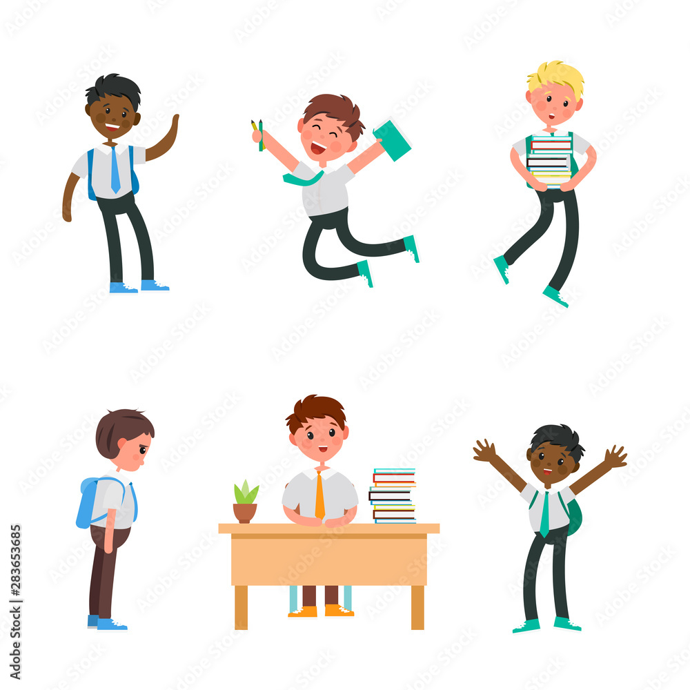 cute children go to school. A student with a bag, books, pencils returns to school. Set of cute school kids. Set of boys with school supplies. Education vector. isolated boy cute children go to school. A student with a bag, books, pencils returns to school. Set of cute school kids. Set of boys with school supplies. Education vector. isolated boy
