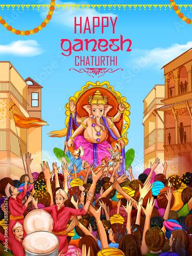 illustration of Indian people celebrating Lord Ganpati background for Ganesh Chaturthi festival of India