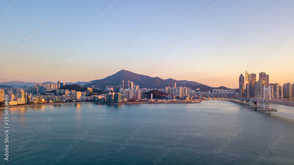 Fototapeta premium Aerial view of Gwangan Bridge in Busan City,South Korea