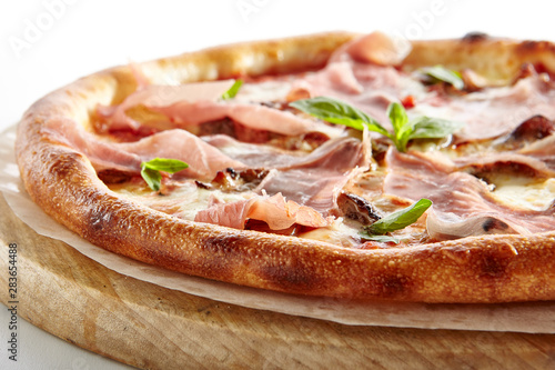 Pizza with Parma Ham Isolated on White Background photo