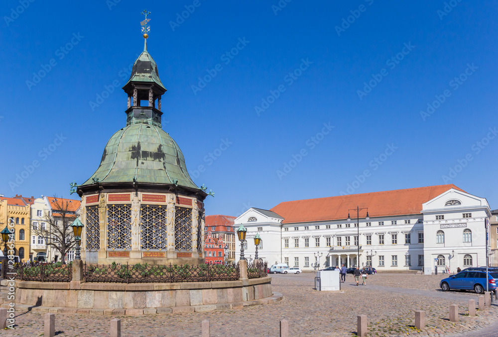 Town hall and Waterwork tower in historic Wismar, Germany
