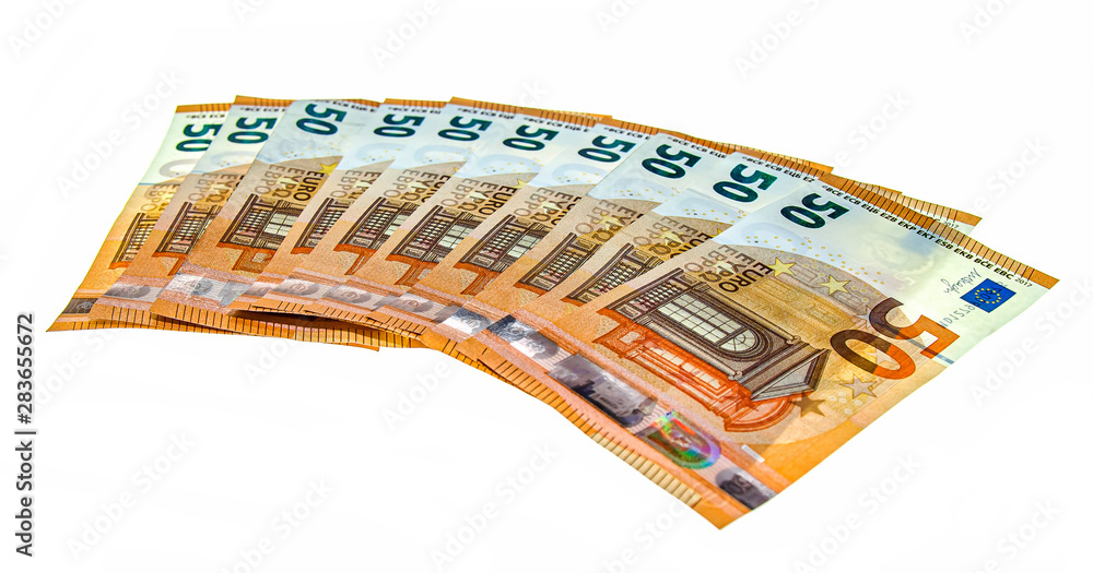 Naklejka premium Euro notes are laid out creatively. Euro notes as a background on a long banner in high resolution. Beautiful original cash flow.