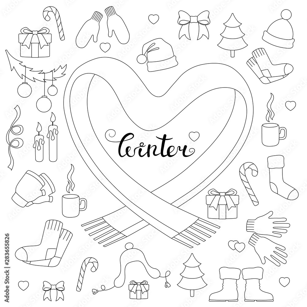 Obraz premium lettering winter and winter attributes. Winter doodle