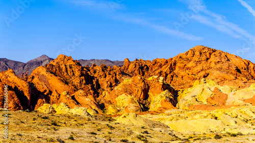 Colorful Sandstone Mountains at Sunrise at the Silica Dome viewpoint in the Valley of Fire State Park in Nevada, USA