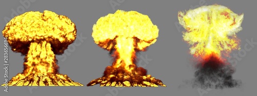 3D illustration of explosion - 3 large very highly detailed different phases mushroom cloud explosion of nuclear bomb with smoke and fire isolated on grey