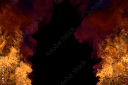 Flame from both picture bottom corners - fire 3D illustration of flaming explosion, frame with dark smoke isolated on black background