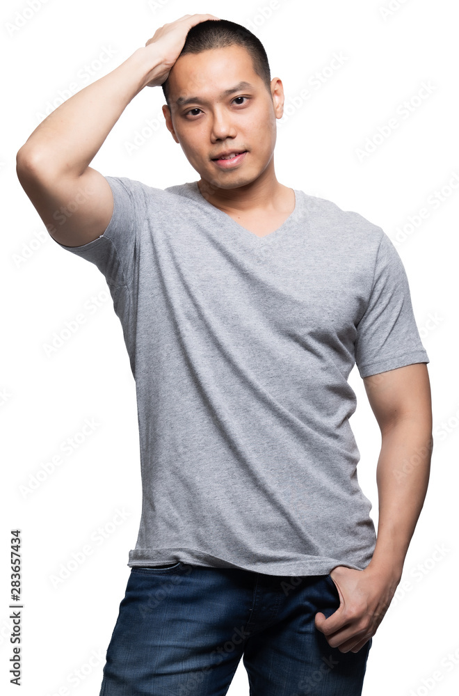 Grey top dry on asian model for v-neck tshirt Grey top dry on asian model for v-neck tshirt