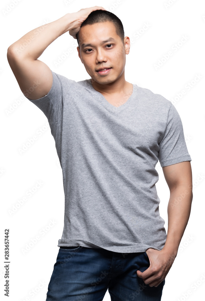 Grey top dry on asian model for v-neck tshirt Grey top dry on asian model for v-neck tshirt