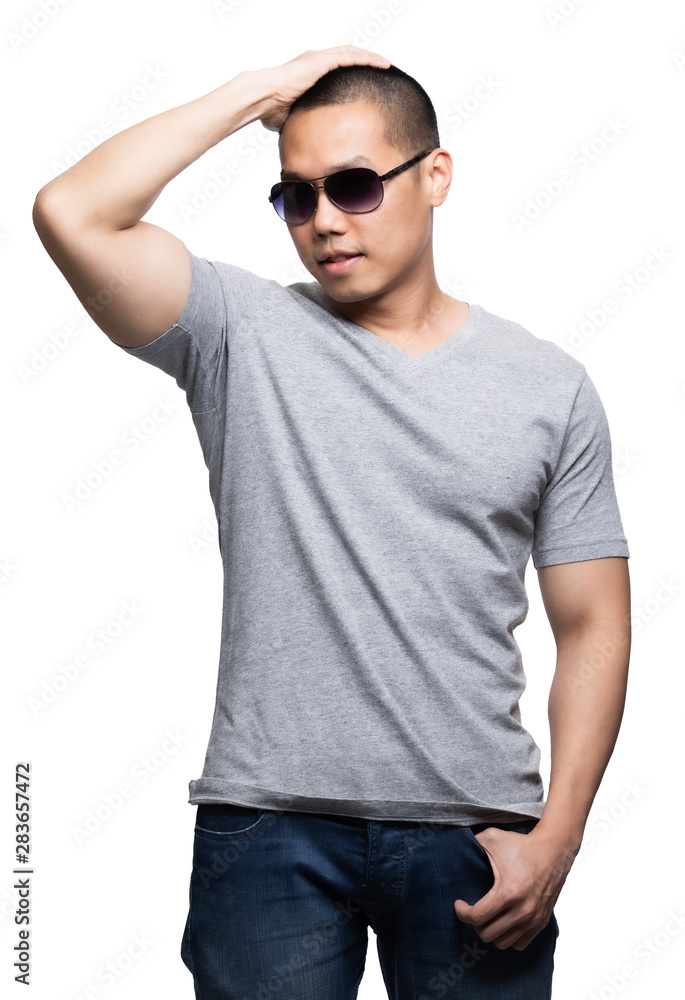 Fototapeta premium Grey top dry on asian model for v-neck tshirt