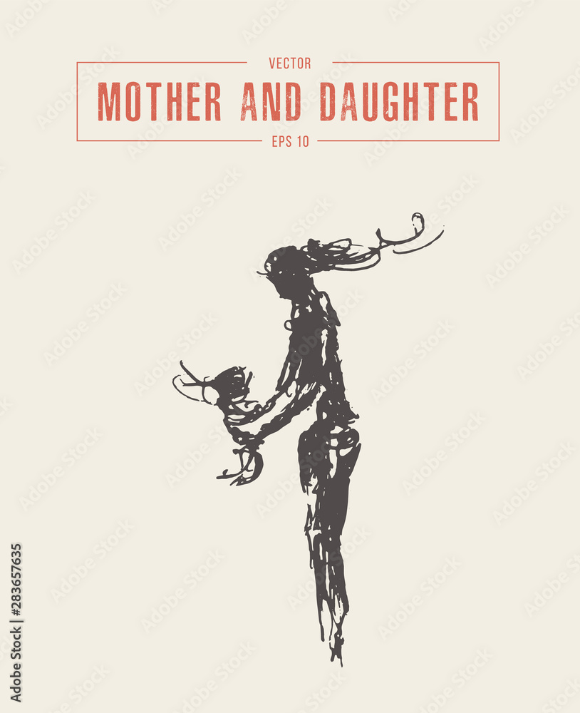 Mother and daughter silhouette drawn vector sketch