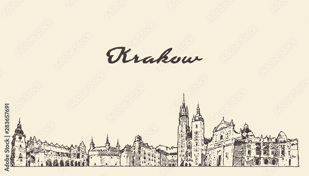 Krakow skyline Poland hand drawn vector sketch