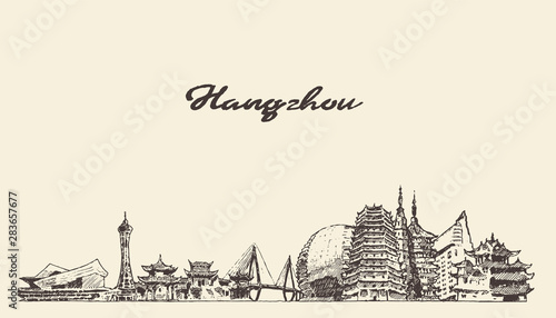 Hangzhou skyline Zhejiang draw East China vector