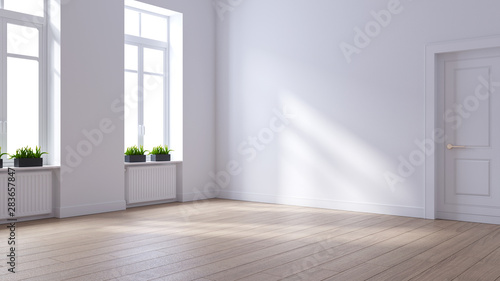 Empty room  modern scandinavian   interior design  white wall and wood floor  3d render