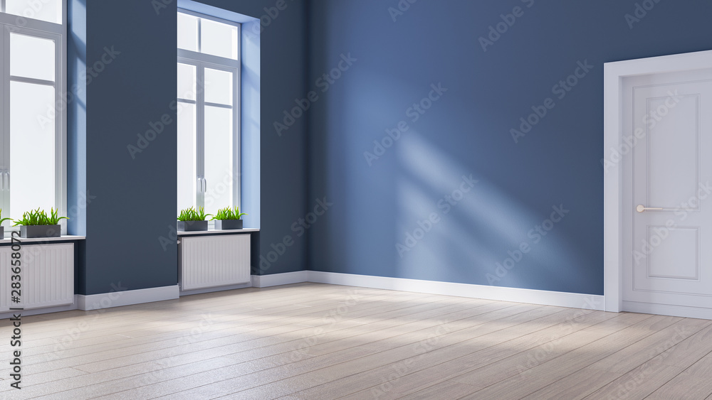 Modern interior empty room, Scandinavian Style ,wood flooring and blue wall  ,3d rendering - obrazy, fototapety, plakaty 