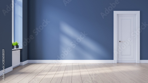 Modern interior empty room, Scandinavian Style ,wood flooring and blue wall  ,3d rendering