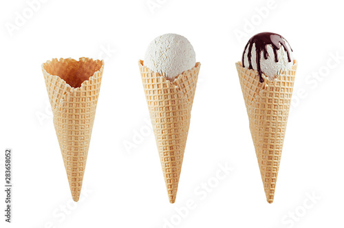 Set of different ice cream cones in waffle cone - empty, white ice cream, with chocolate sauce isolated on white.