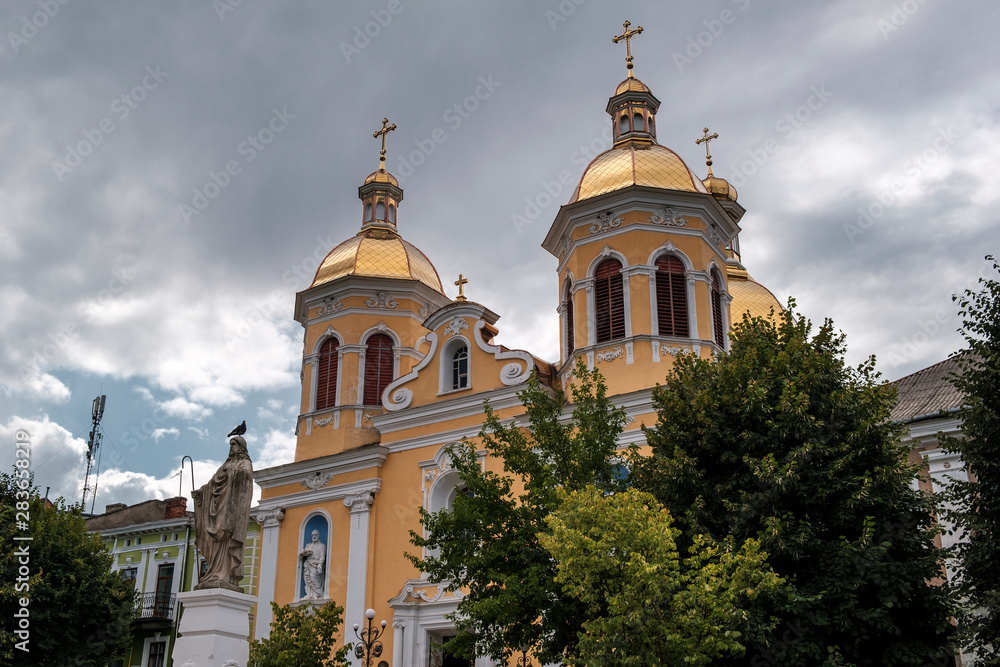 Trinity Church at Market Square in Berezhany, Ternopil region, Ukraine. August 2019