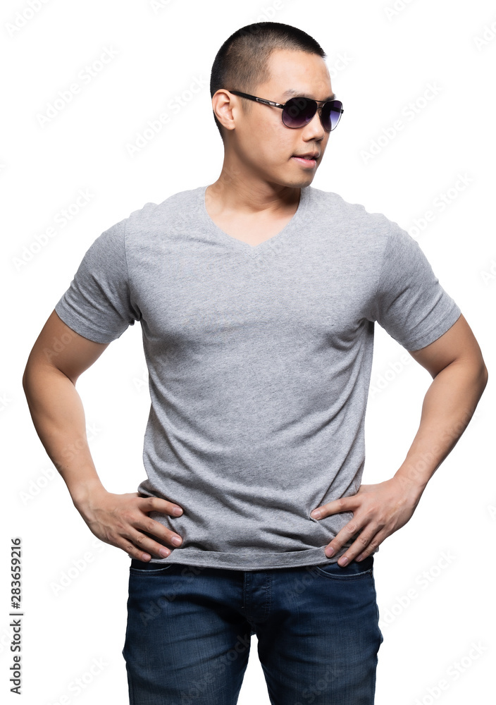Grey top dry on asian model for v-neck tshirt blank mockup Grey top dry on asian model for v-neck tshirt blank mockup
