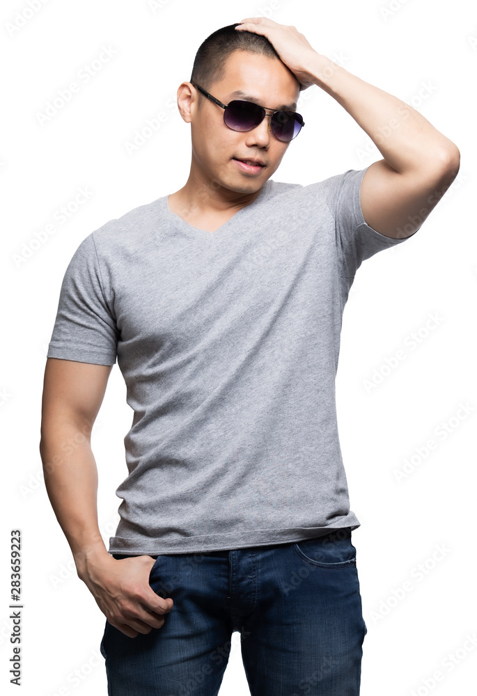 Grey top dry on asian model for v-neck tshirt blank mockup Grey top dry on asian model for v-neck tshirt blank mockup