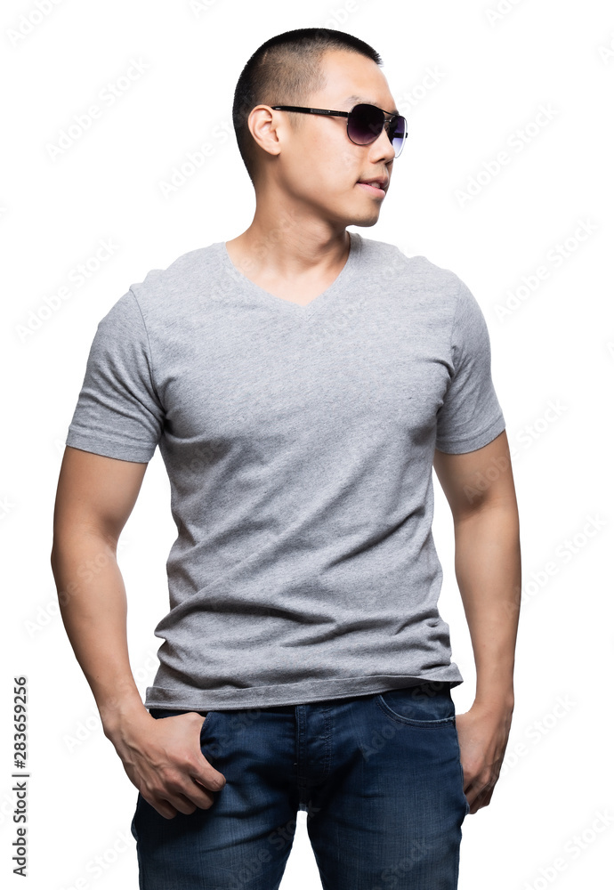 Grey top dry on asian model for v-neck tshirt blank mockup Grey top dry on asian model for v-neck tshirt blank mockup