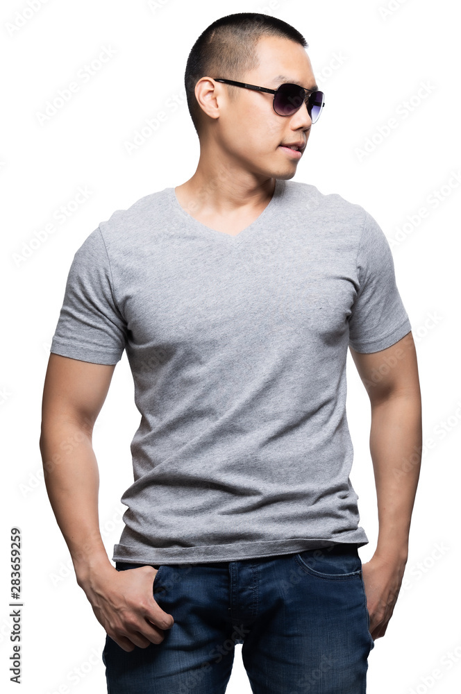 Grey top dry on asian model for v-neck tshirt blank mockup Grey top dry on asian model for v-neck tshirt blank mockup