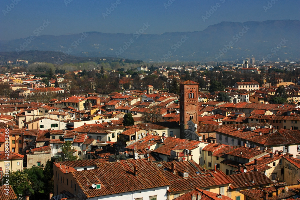 View of the medieval city of Lucca, Italy