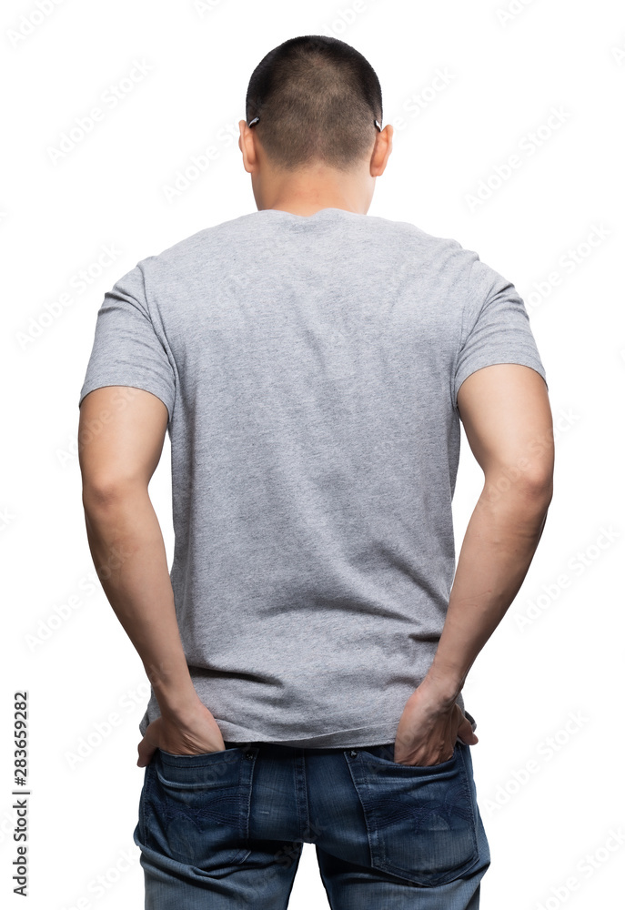 Fototapeta premium Grey top dry on asian model for v-neck tshirt blank mockup