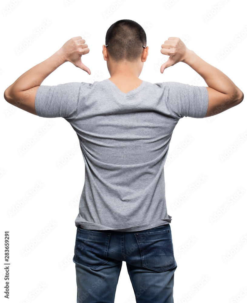 Grey top dry on asian model for v-neck tshirt blank mockup Grey top dry on asian model for v-neck tshirt blank mockup