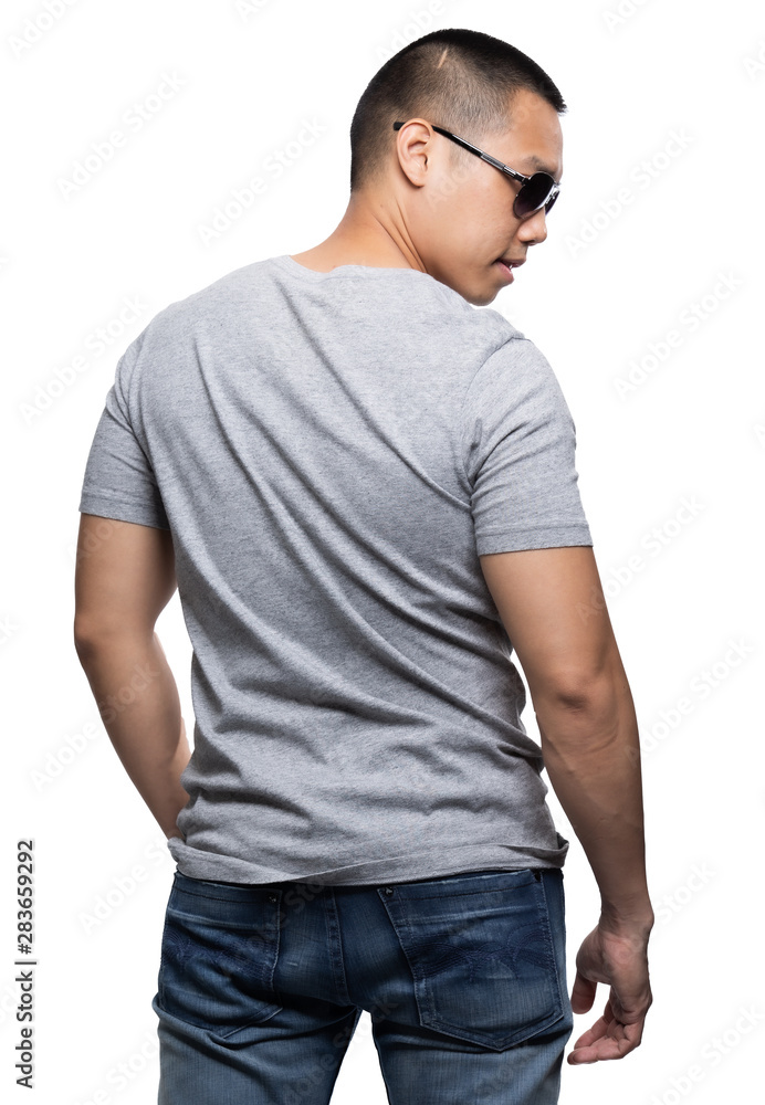Grey top dry on asian model for v-neck tshirt blank mockup Grey top dry on asian model for v-neck tshirt blank mockup