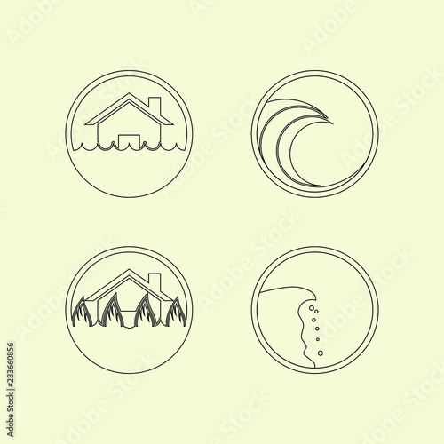Black Line art Disaster (Flood, Fire, Avalanche, tsunami) Icon Logo