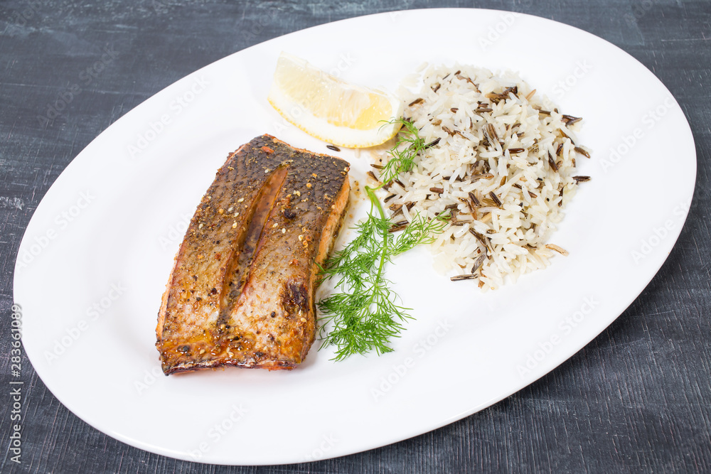 Griiled salmon fillet with basmati rice. Griiled salmon fillet with basmati rice.